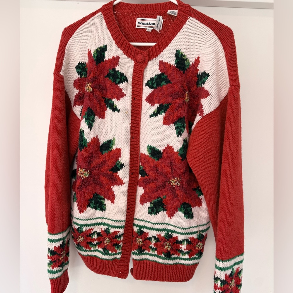 Vintage Westbound Poinsettia Ugly Christmas Sweater | Cardigan | Size L
